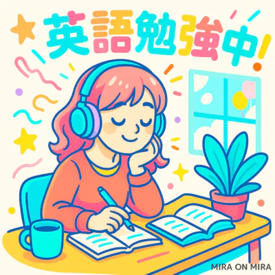ヘッドホンで英語を勉強する女性のイラスト